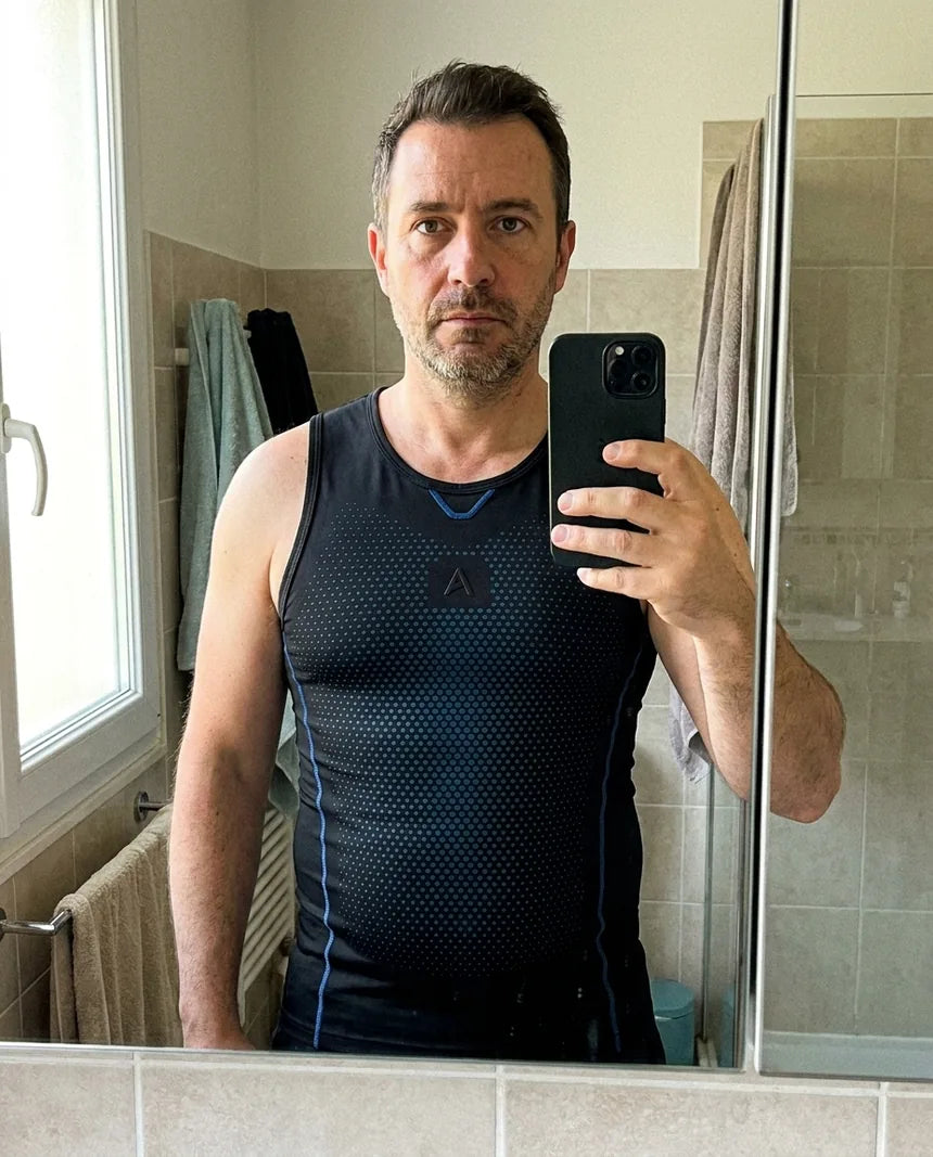 Homme portant le débardeur APLOMB, ventre lissé