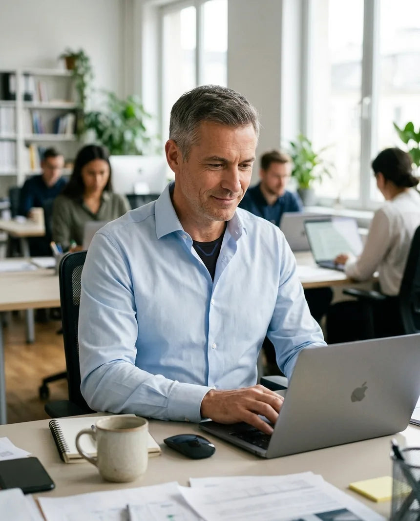 Homme au bureau, posture droite, allure nette